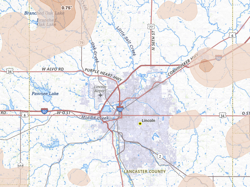 Radar-estimated hail-size map of the storm over Lincoln, NE on Jun 5, 2026
