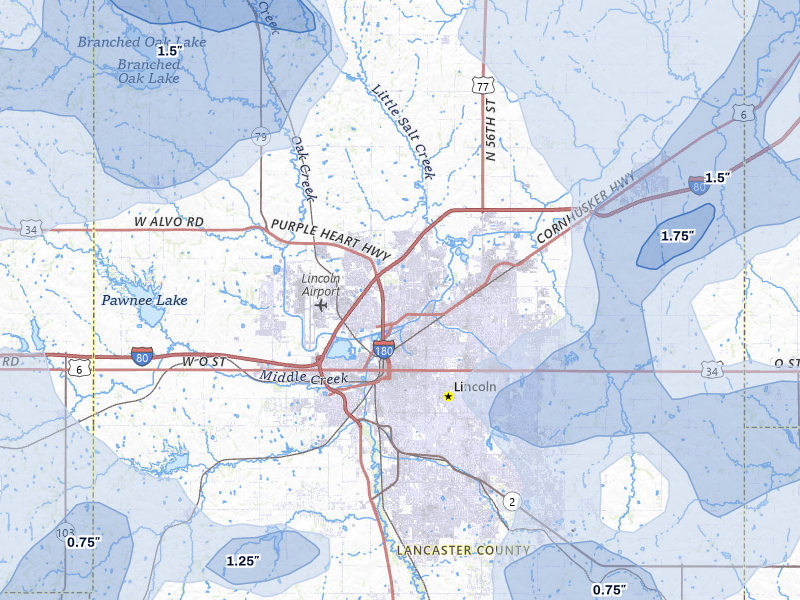 NEXRAD radar-signature map of the hail storm over Lincoln, NE on Jun 5, 2026