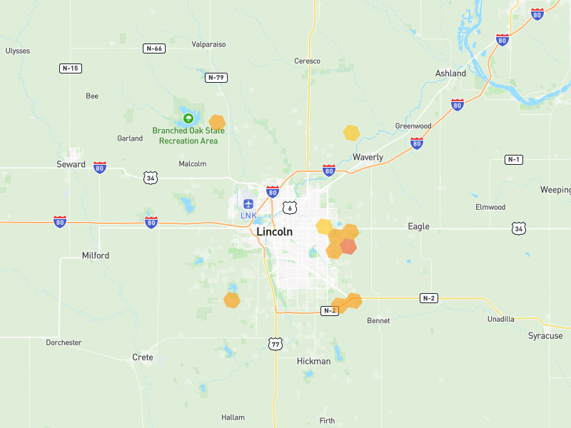 Hail map of Lincoln, NE on Jun 6, 2026, hail up to 1.5"