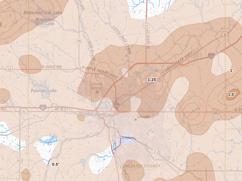 Radar-estimated hail-size map of the storm over Lincoln, NE on Jun 10, 2026