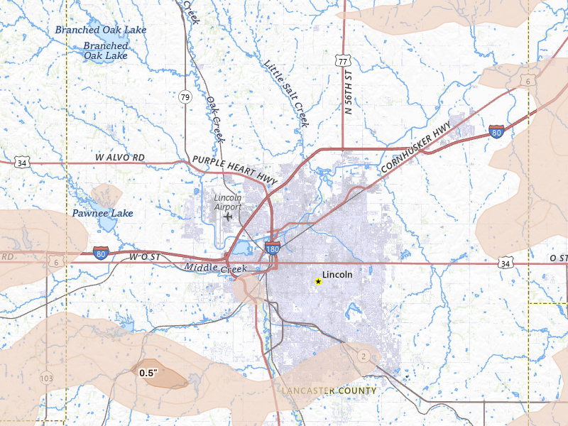 Radar-estimated hail-size map of the storm over Lincoln, NE on Jul 3, 2026