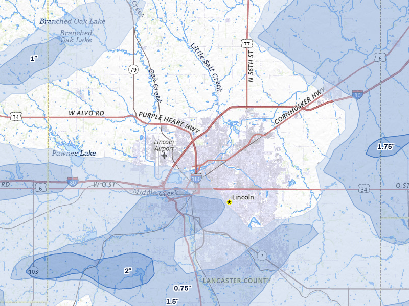 NEXRAD radar-signature map of the hail storm over Lincoln, NE on Jul 3, 2026