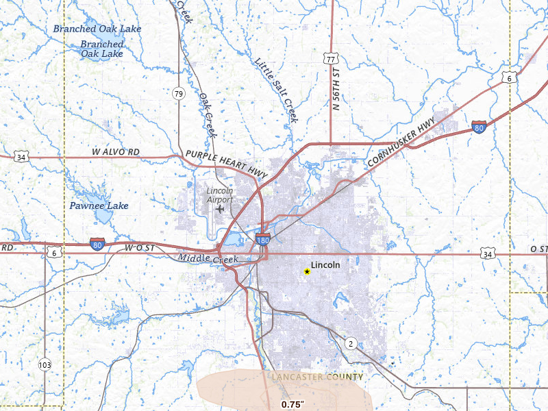 Radar-estimated hail-size map of the storm over Lincoln, NE on Jul 4, 2026
