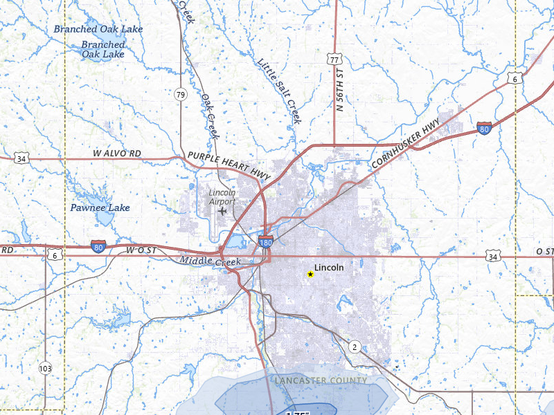 NEXRAD radar-signature map of the hail over Lincoln, NE