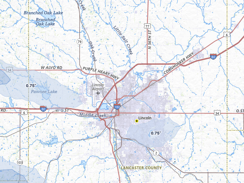NEXRAD radar-signature map of the hail storm over Lincoln, NE on Jul 8, 2026