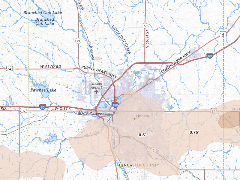 Radar-estimated hail-size map of the storm over Lincoln, NE on Jul 27, 2026