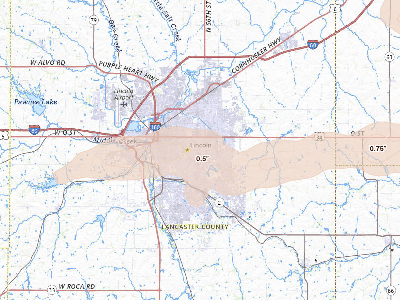 Radar-estimated hail-size map of the storm over Lincoln, NE on Aug 4, 2026