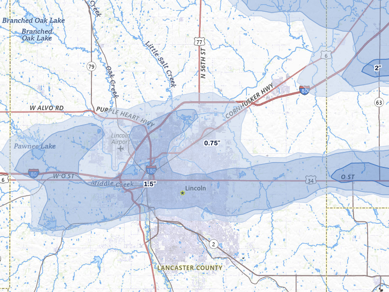 NEXRAD radar-signature map of the hail storm over Lincoln, NE on Aug 4, 2026