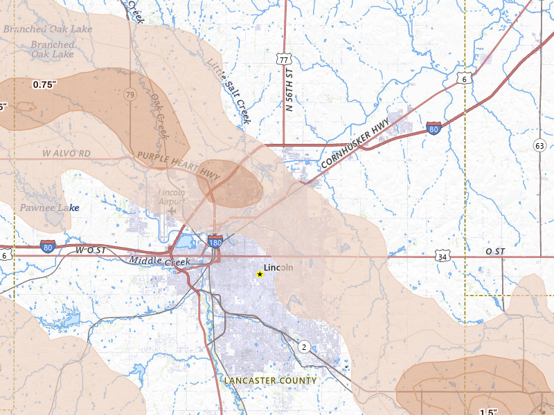 Radar-estimated hail-size map of the storm over Lincoln, NE on Aug 19, 2026