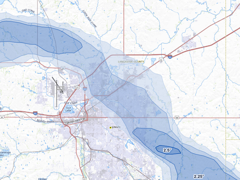 NEXRAD radar-signature map of the hail storm over Lincoln, NE on Aug 19, 2026