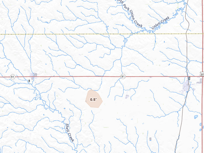 Radar-estimated hail-size map of the storm over Lindsay, NE on Aug 8, 2026