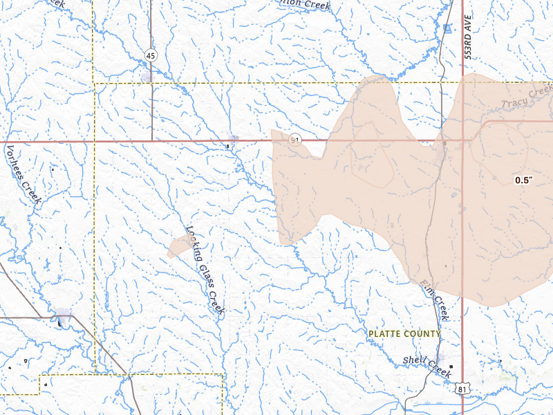 Radar-estimated hail-size map of the storm over Lindsay, NE on Aug 12, 2026