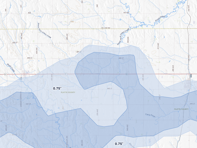 NEXRAD radar-signature map of the hail storm over Lindsay, NE on Aug 12, 2026