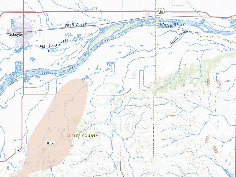 Radar-estimated hail-size map of the storm over Linwood, NE on May 18, 2026