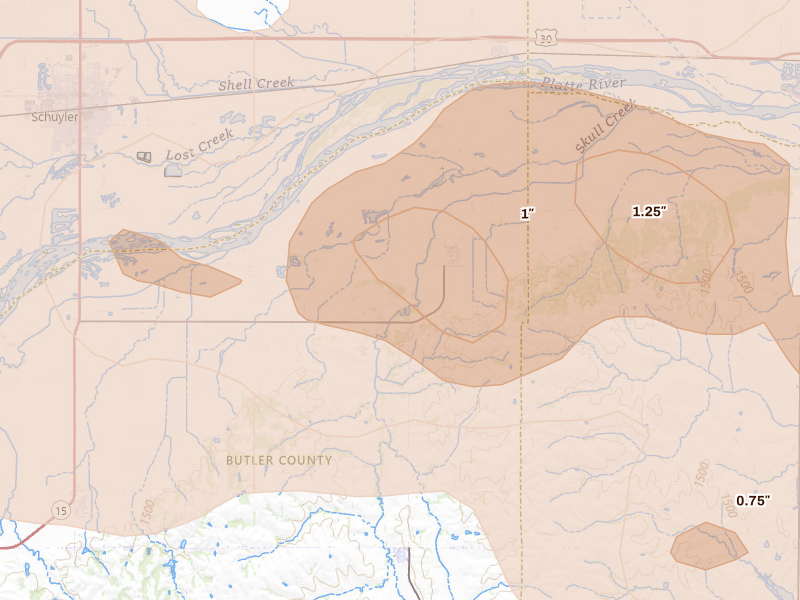 Radar-estimated hail-size map of the storm over Linwood, NE
