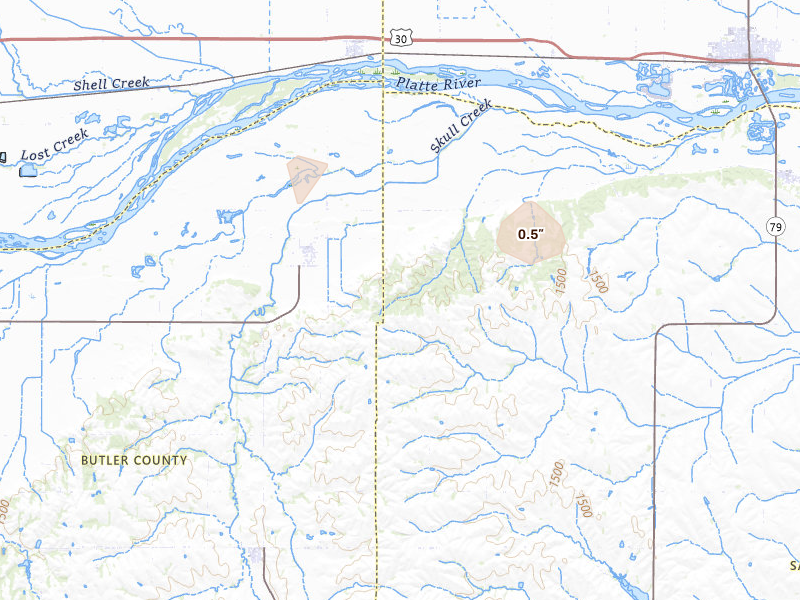 Radar-estimated hail-size map of the storm over Linwood, NE on Aug 17, 2026