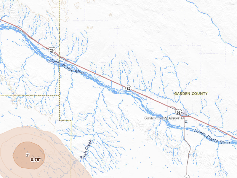 Radar-estimated hail-size map of the storm over Lisco, NE on Jun 4, 2026