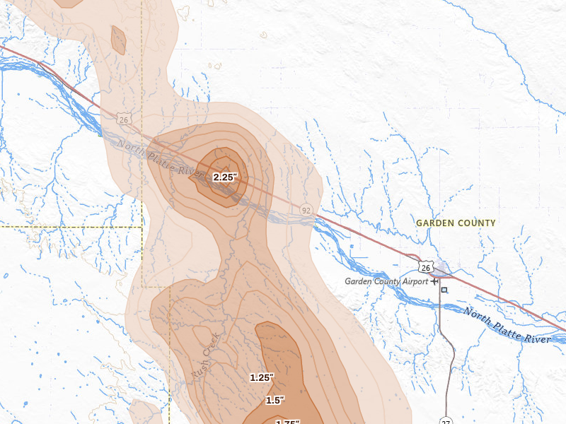 Radar-estimated hail-size map of the storm over Lisco, NE on Jul 28, 2026