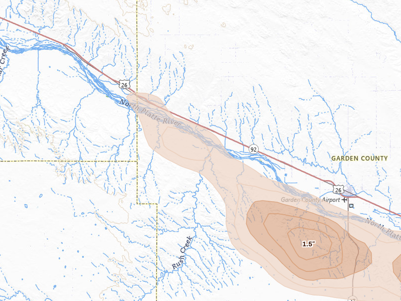 Radar-estimated hail-size map of the storm over Lisco, NE on Aug 17, 2026