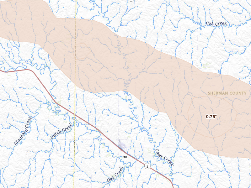 Radar-estimated hail-size map of the storm over Litchfield, NE on Aug 8, 2026
