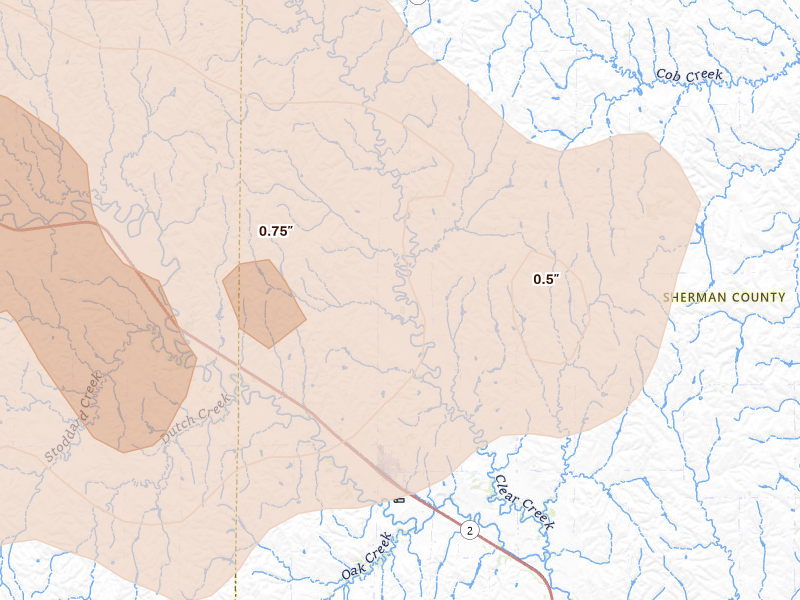Radar-estimated hail-size map of the storm over Litchfield, NE on Aug 12, 2026