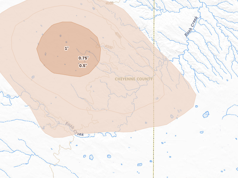 Radar-estimated hail-size map of the storm over Lodgepole, NE on Jun 4, 2026