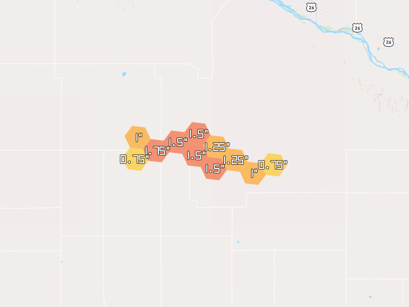 Hail map of Lodgepole, NE on Jun 4, 2026, hail up to 1.75"