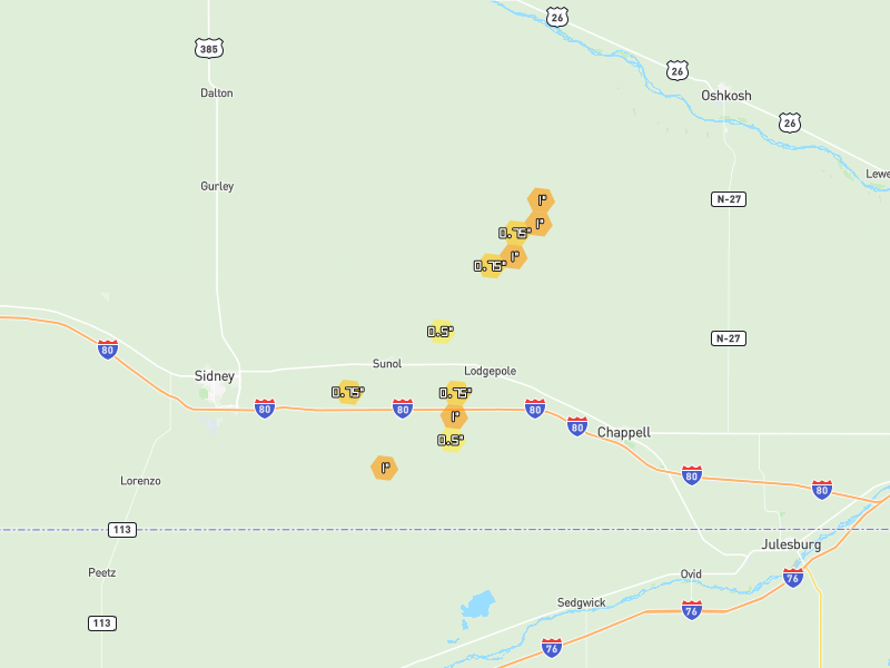 Hail map of Lodgepole, NE on Jul 1, 2026, hail up to 1"