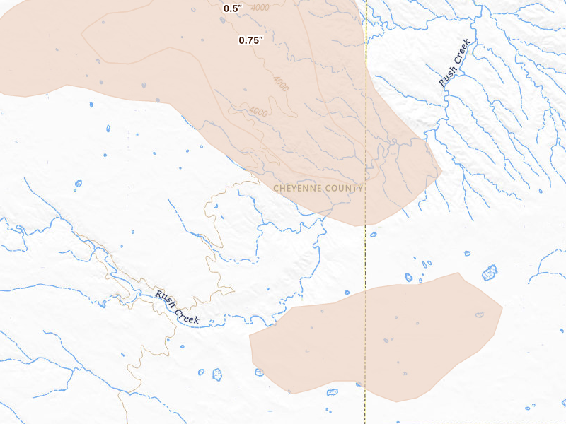 Radar-estimated hail-size map of the storm over Lodgepole, NE on Jul 3, 2026