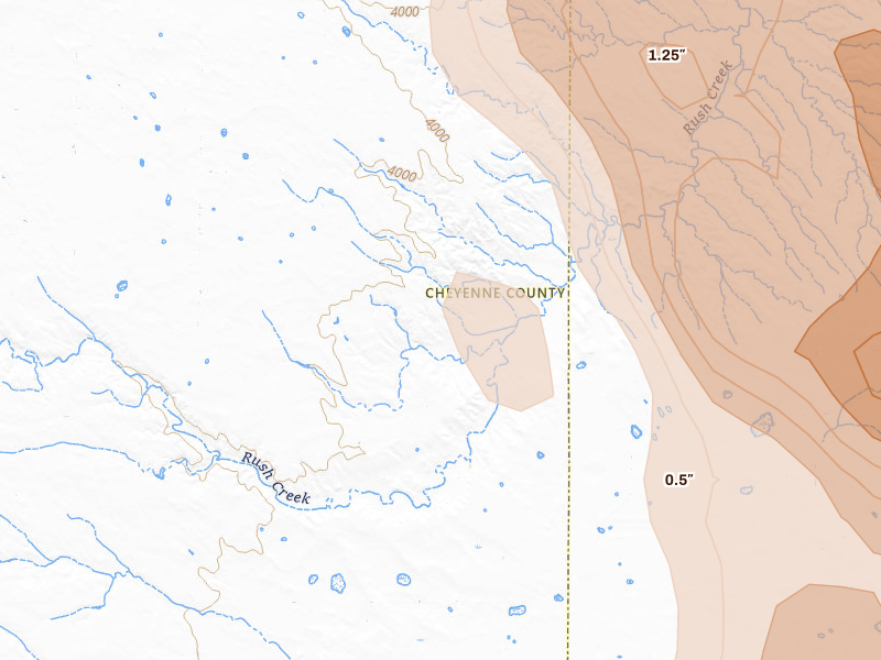 Radar-estimated hail-size map of the storm over Lodgepole, NE on Jul 28, 2026