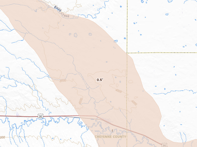Radar-estimated hail-size map of the storm over Lodgepole, NE on Aug 9, 2026