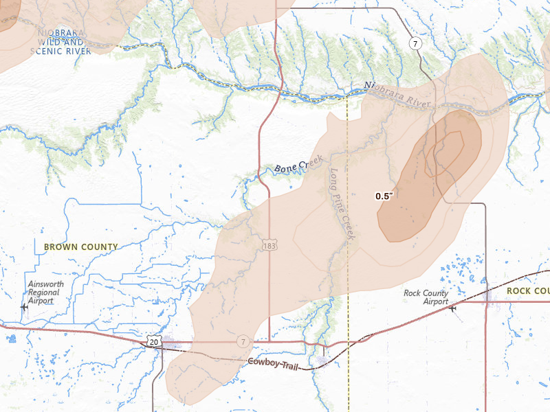 Radar-estimated hail-size map of the storm over Long Pine, NE on May 17, 2026