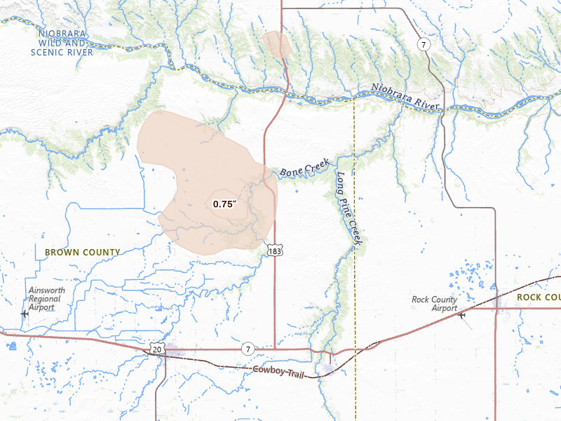 Radar-estimated hail-size map of the storm over Long Pine, NE on May 30, 2026