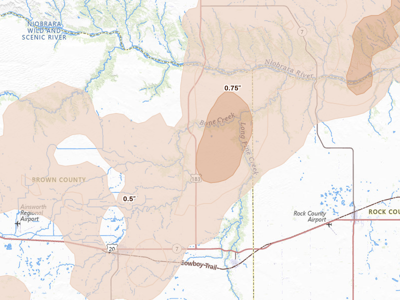 Radar-estimated hail-size map of the storm over Long Pine, NE on Jun 30, 2026