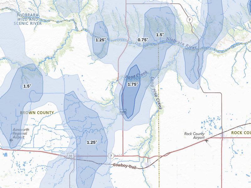 NEXRAD radar-signature map of the hail storm over Long Pine, NE on Jun 30, 2026