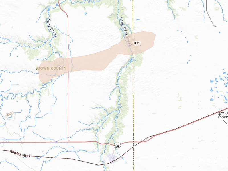 Radar-estimated hail-size map of the storm over Long Pine, NE on Aug 3, 2026