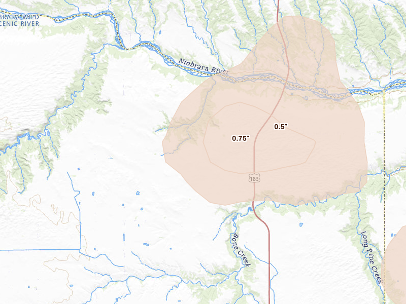 Radar-estimated hail-size map of the storm over Long Pine, NE on Aug 11, 2026