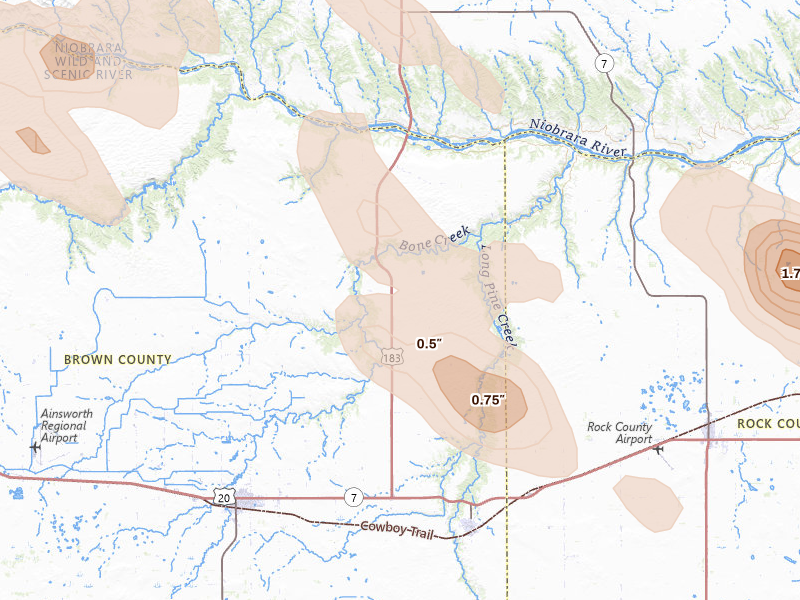 Radar-estimated hail-size map of the storm over Long Pine, NE on Aug 21, 2026