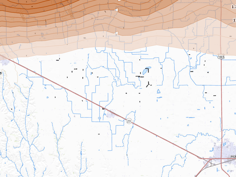 Radar-estimated hail-size map of the storm over Loomis, NE on Jun 10, 2026