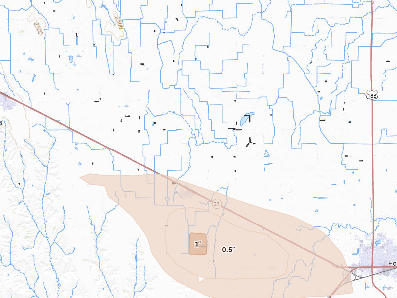 Radar-estimated hail-size map of the storm over Loomis, NE on Jun 20, 2026