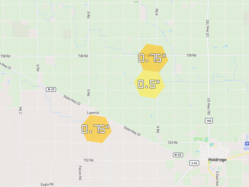 Hail map of Loomis, NE on Jun 30, 2026, hail up to 0.75"