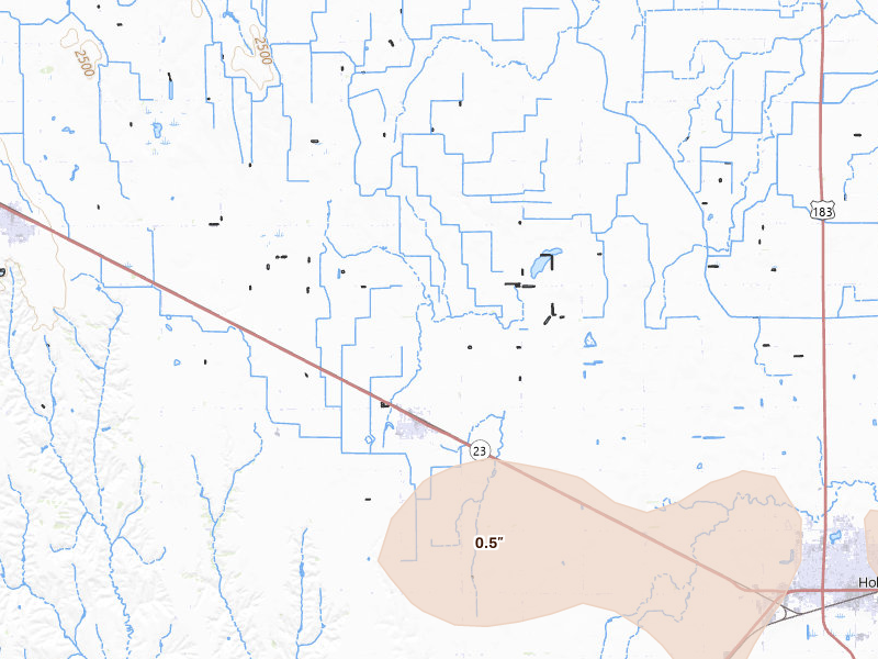Radar-estimated hail-size map of the storm over Loomis, NE on Jul 30, 2026