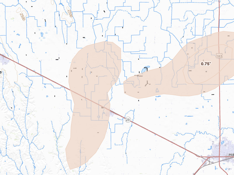 Radar-estimated hail-size map of the storm over Loomis, NE on Aug 13, 2026