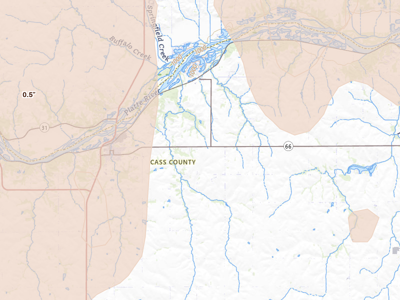 Radar-estimated hail-size map of the storm over Louisville, NE on May 17, 2026