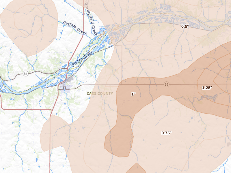 Radar-estimated hail-size map of the storm over Louisville, NE on Jun 5, 2026
