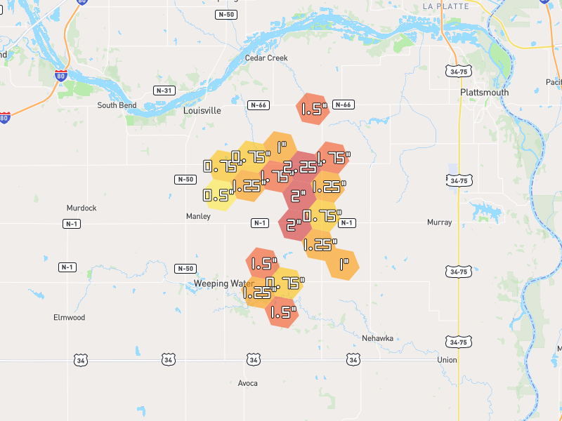 Hail map of Louisville, NE on Jun 6, 2026, hail up to 2.25"