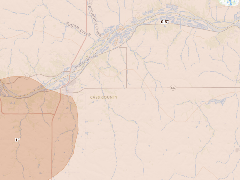 Radar-estimated hail-size map of the storm over Louisville, NE on Jun 10, 2026