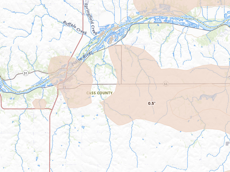 Radar-estimated hail-size map of the storm over Louisville, NE on Aug 4, 2026