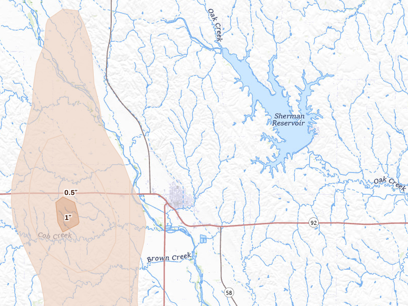 Radar-estimated hail-size map of the storm over Loup City, NE on May 16, 2026