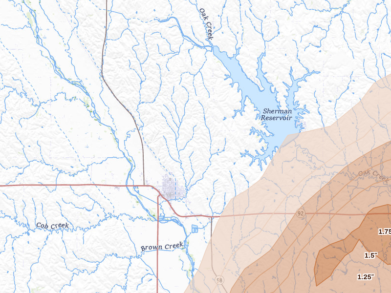 Radar-estimated hail-size map of the storm over Loup City, NE on May 17, 2026